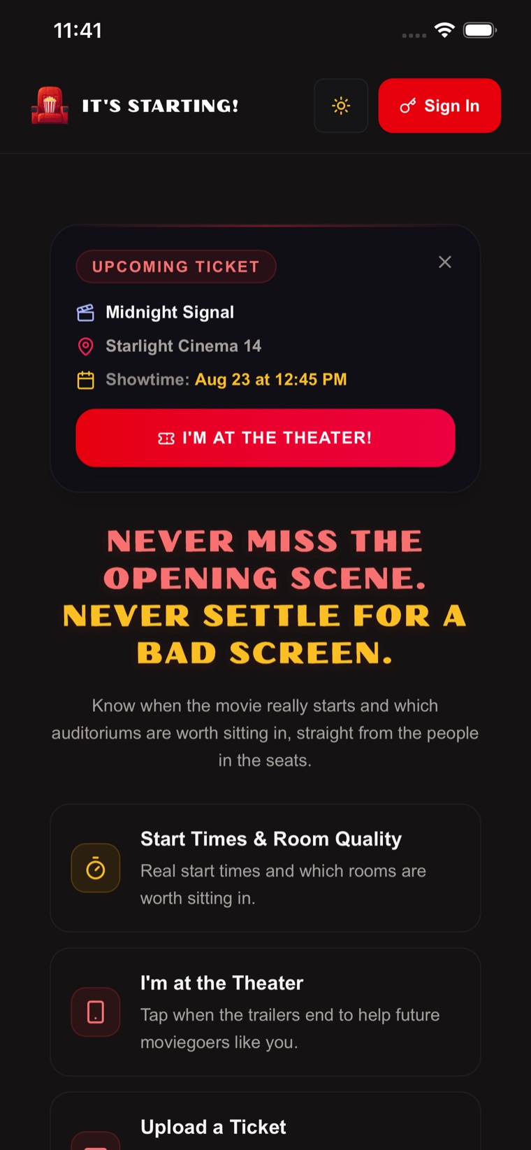Home screen with an upcoming ticket ready for theater arrival