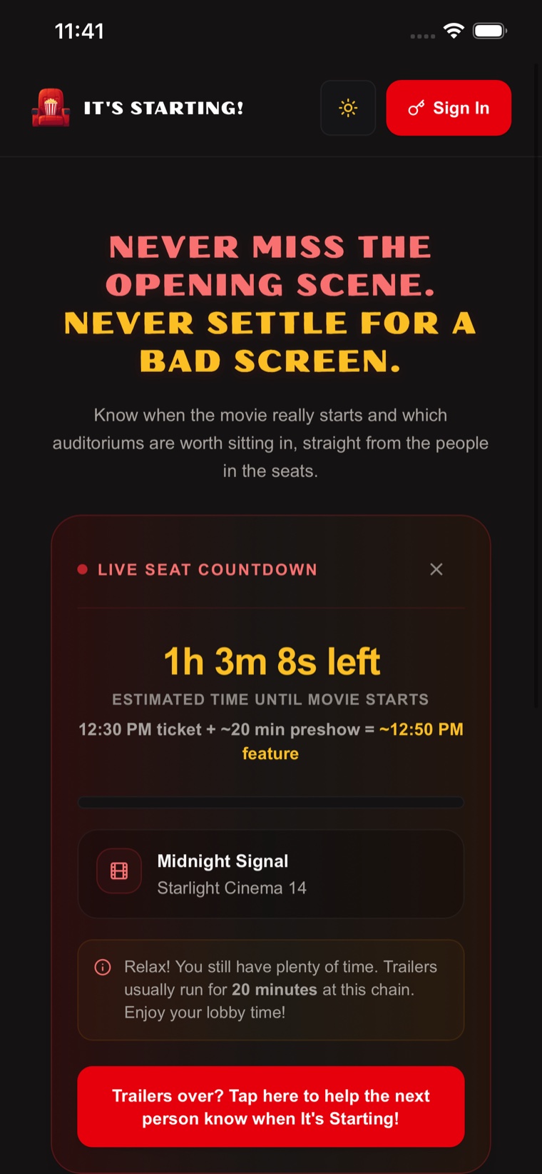 Live seat countdown showing time until the feature starts