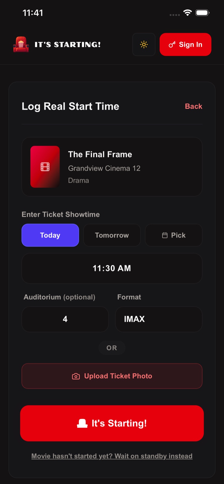 Form for logging the real start time of a movie